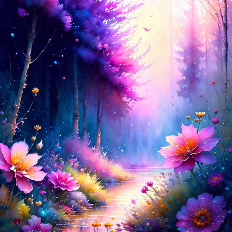 Enchanting pink and purple magical forest scene