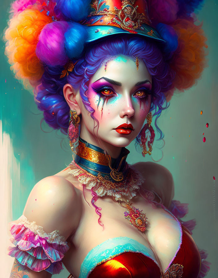 Vibrant digital artwork of a woman with blue skin and colorful headdress