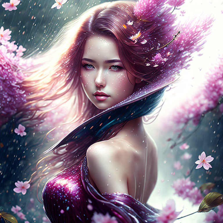 Fantastical illustration of woman with flowing hair and pink blossoms in ethereal setting