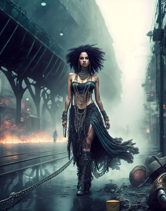 Gothic attire woman with voluminous hair in urban dystopia