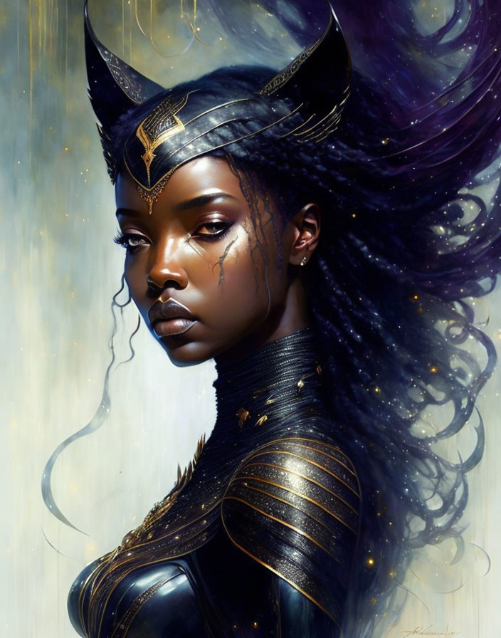 Digital artwork: Woman in black and gold armor with horned helmet and purple hair