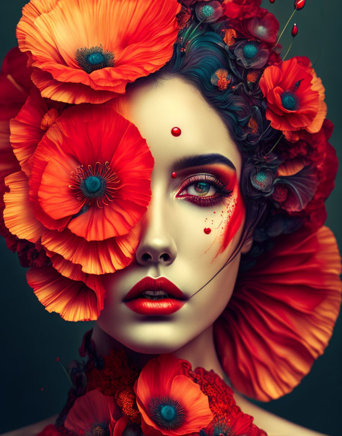 Woman with Vivid Makeup Surrounded by Large Red Poppies