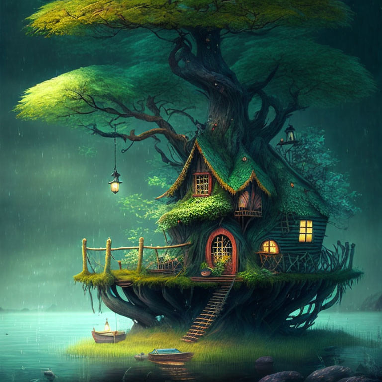 Thatched Roof Treehouse in Mystical Forest at Twilight