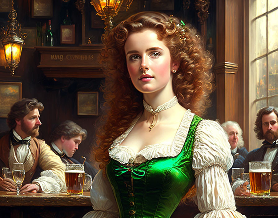 Victorian-era woman in green corseted dress with men in tavern-like setting