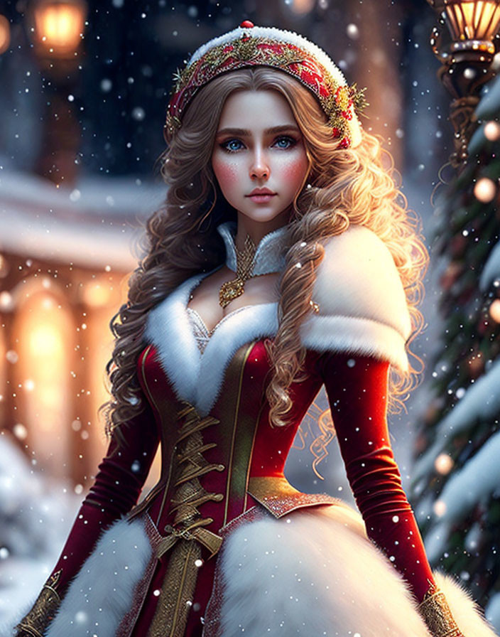 Blonde woman in red and gold dress in snowy digital art