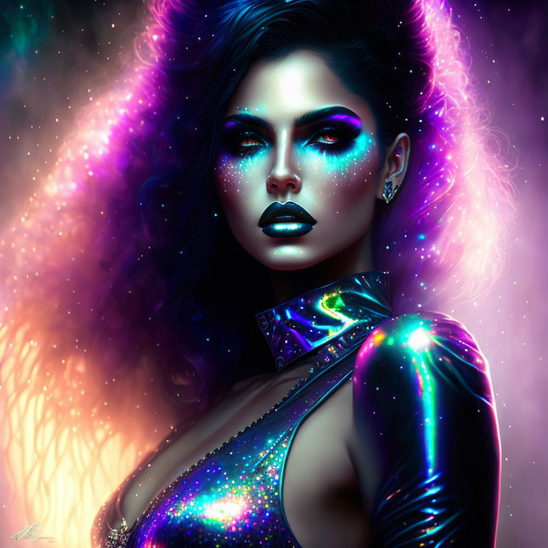 Vibrant space-themed body paint on a woman against a cosmic backdrop