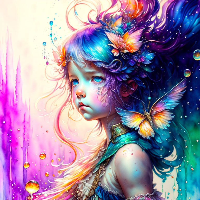 Vibrant illustration of young girl with flowers and butterfly in hair