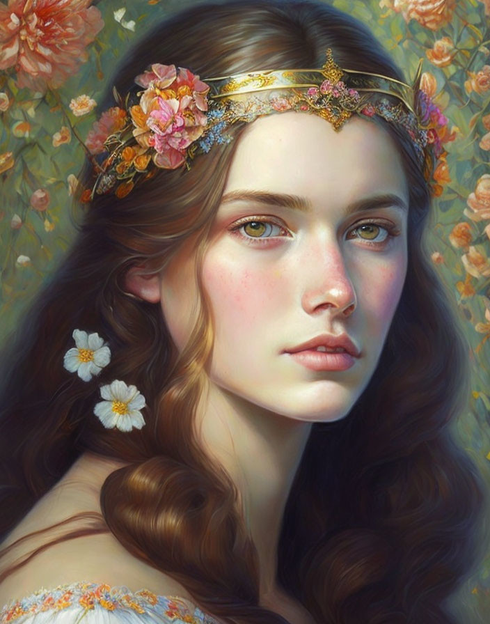 Portrait of woman with floral headband and serene blue eyes surrounded by flowers