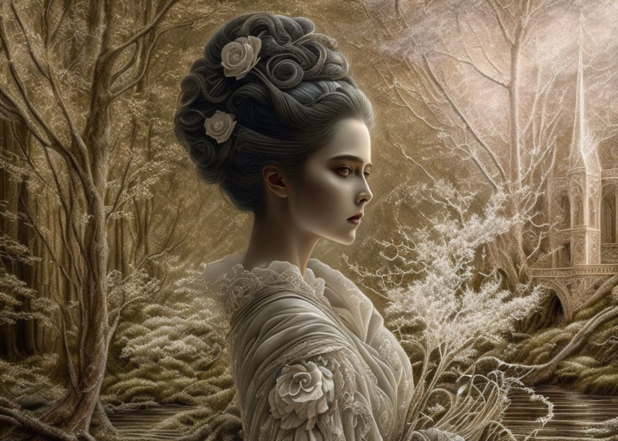 Detailed Artistic Depiction: Woman with Elaborate Hairstyle in Mystical Forest