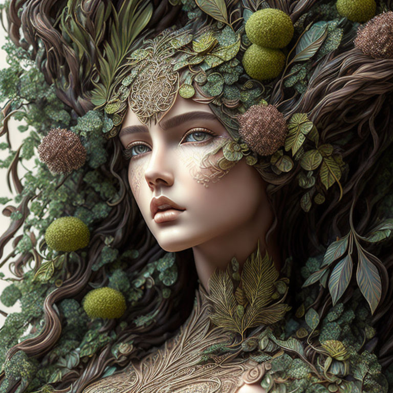 Digital artwork: Woman adorned with foliage, berries, and leaves blending nature with human form.