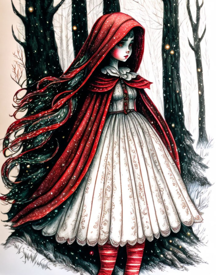 Illustration of girl in red hooded cape in misty forest