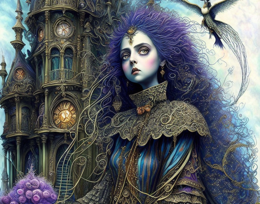 Fantastical purple-haired woman in steampunk attire at clock tower with owl.