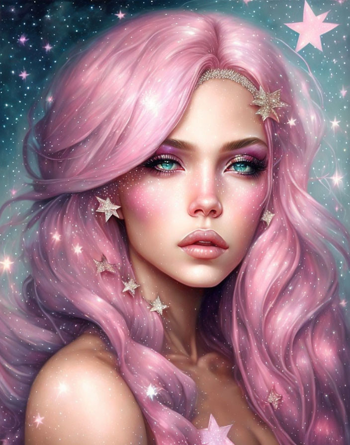 Illustration: Woman with long pink hair and starry eyes in night sky.