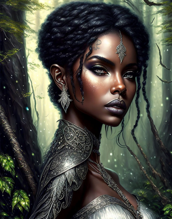 Detailed portrait of woman with elaborate braids in mystical forest setting.