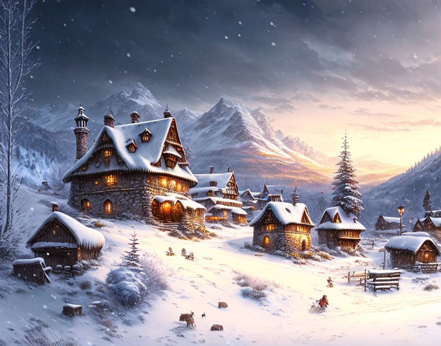 Snow-covered winter village with cozy cottages under twilight sky