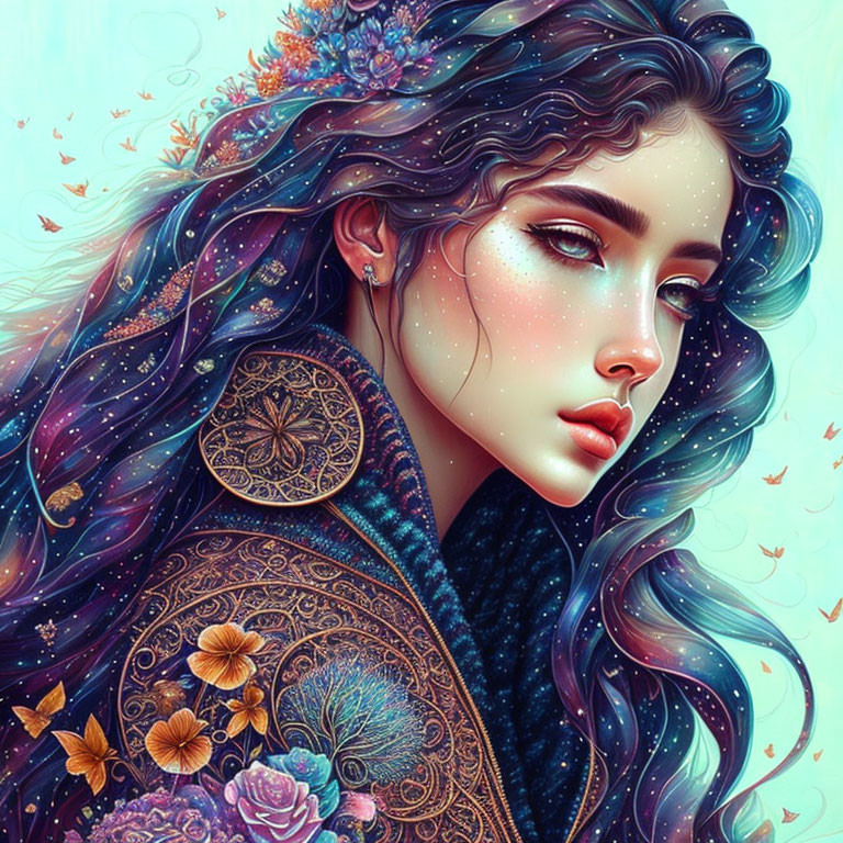 Fantasy digital art: Woman with blue hair, floral adornments, ornate clothing, and butterflies