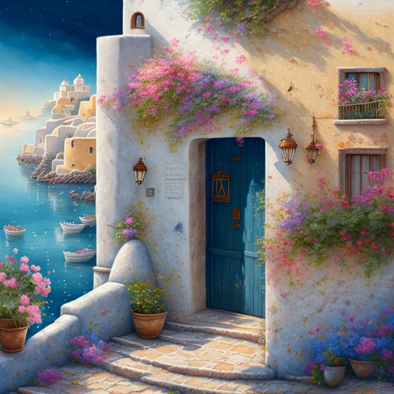 Vibrant blue door and flowering plants in seaside scene