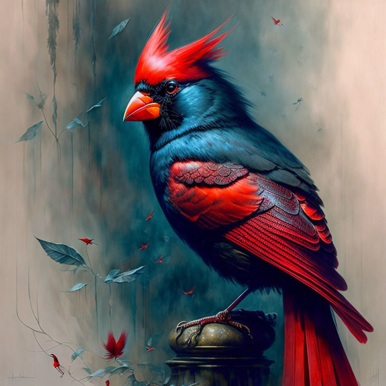 Red cardinal bird perched on brass object with flying red petals