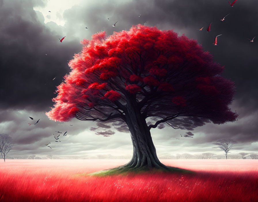 Vibrant red foliage tree in red field under stormy sky