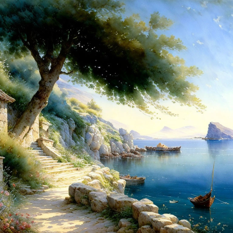 Tranquil coastal landscape with stone pathway, lush tree, boat, and cliffs