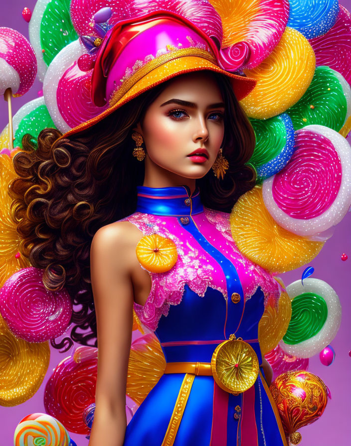 Voluminous brown hair woman in pink hat with candy swirls and colorful dress