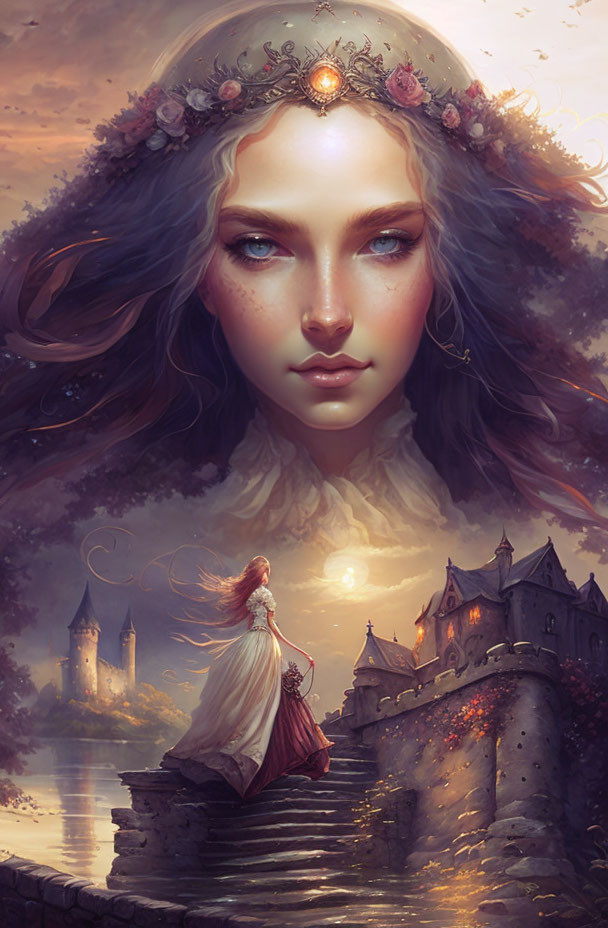 Fantasy Artwork: Woman with Floral Crown Approaching Enchanted Castle