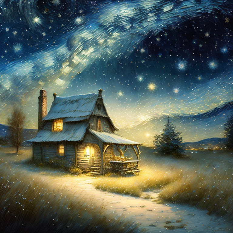 Snowy night cottage under starry sky.