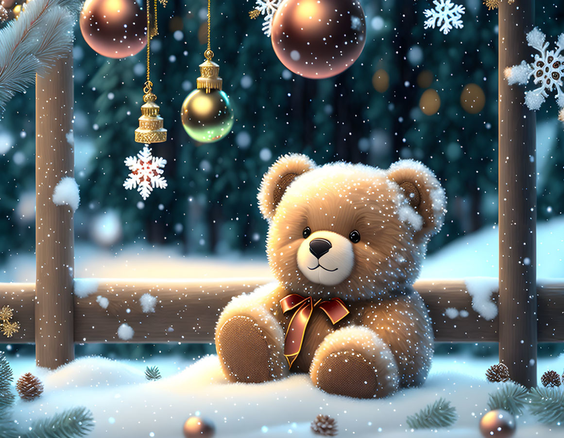 Plush Teddy Bear with Bow Tie in Snowy Christmas Scene