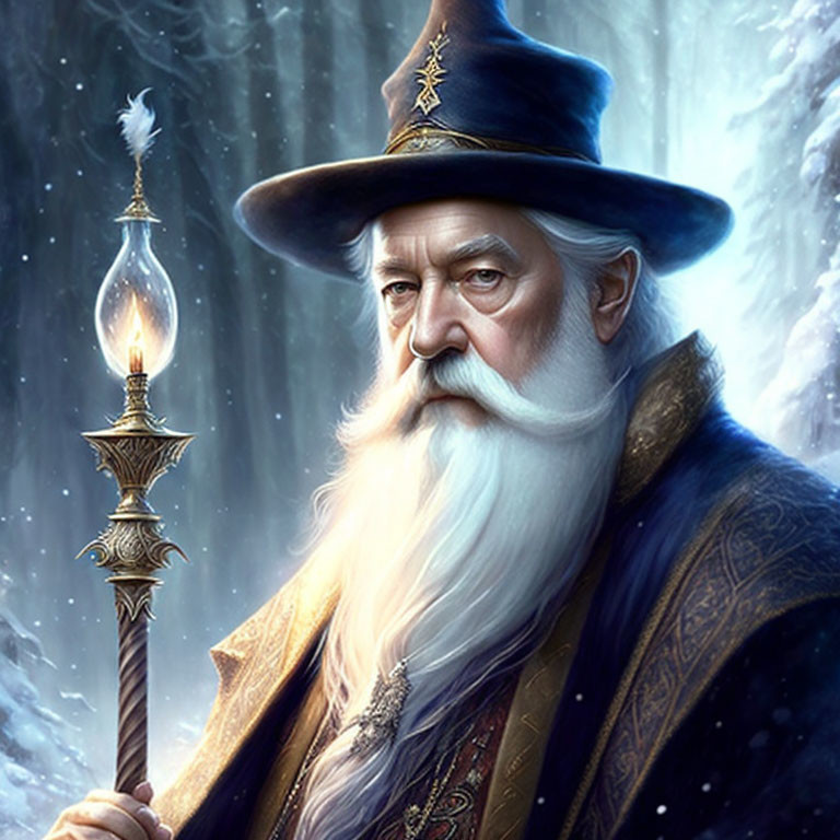 Illustration of wise wizard with white beard, staff, blue robe, and starry hat in snowy