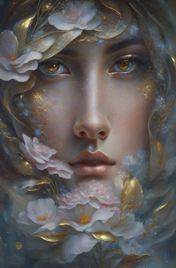 Ethereal portrait of woman with golden leaves and white flowers in cosmic setting