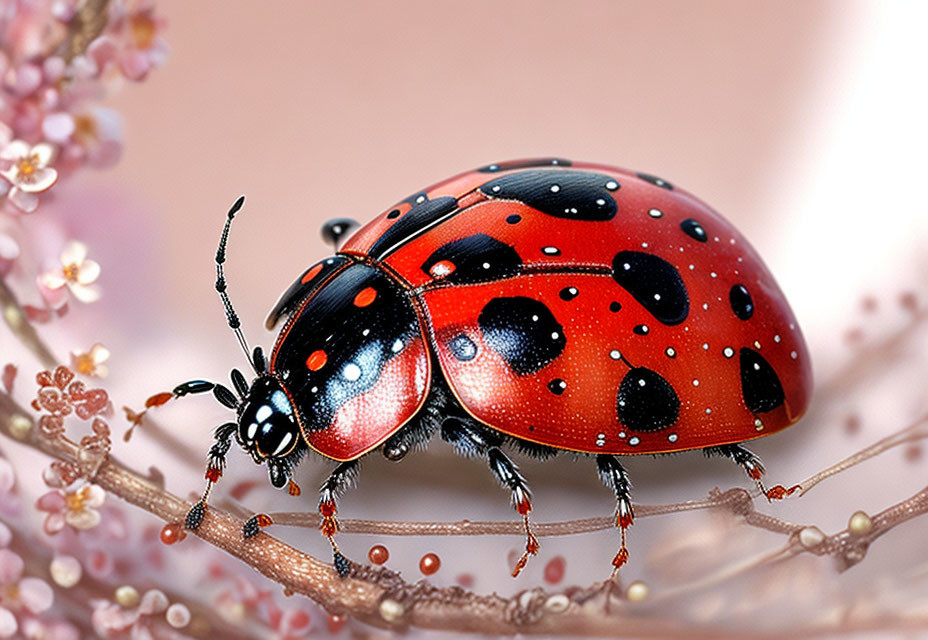 Red ladybug with black spots on twig among pink flowers - shiny carapace.