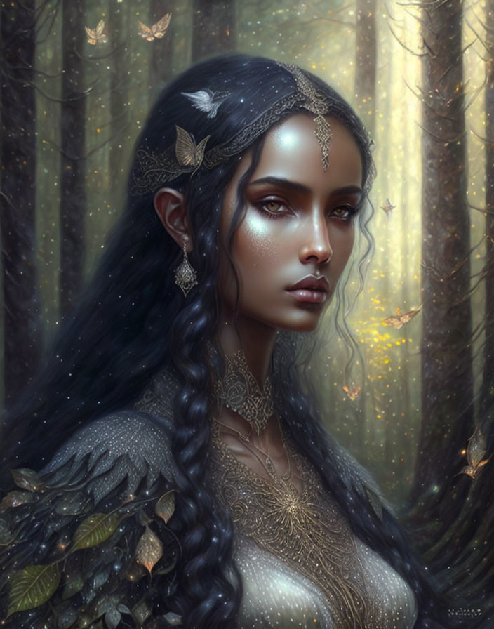 Fantasy female with dark hair and elaborate jewelry in glimmering forest