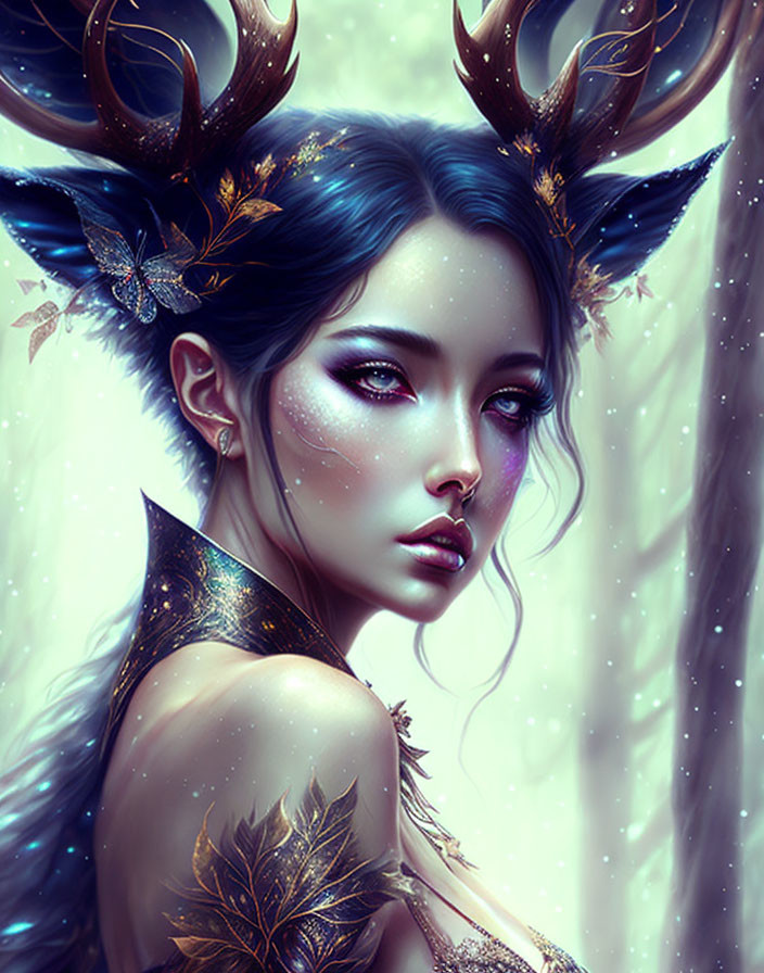 Fantastical female character with blue hair and deer antlers in gold leaf armor on snowy backdrop