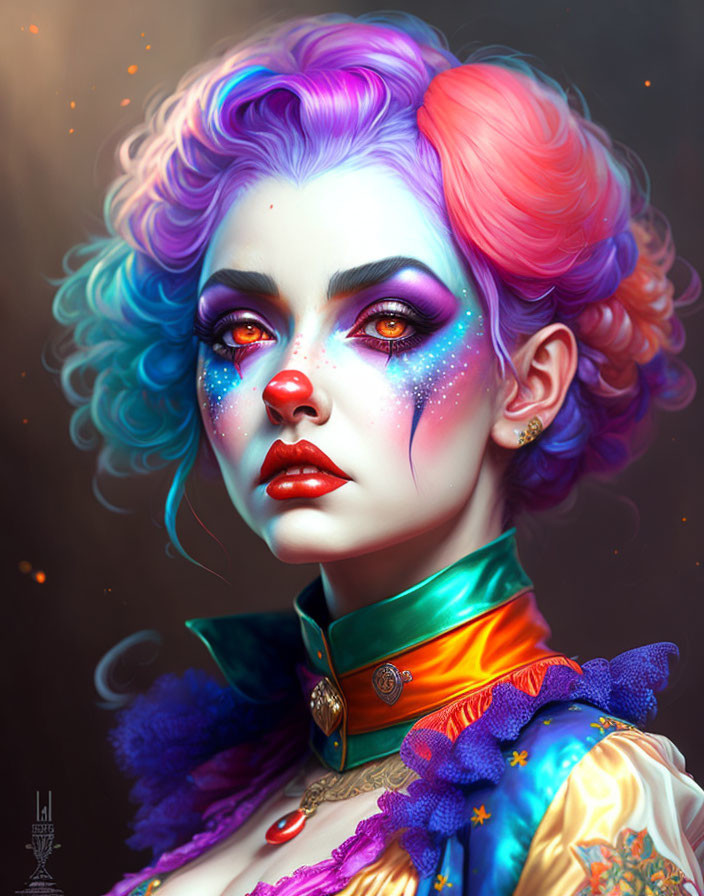 Colorful digital portrait of a woman with pastel hair and vibrant makeup