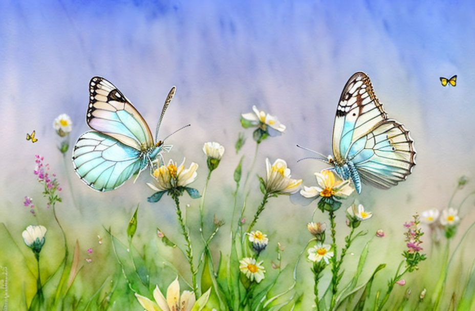 Blue and white butterflies on wildflowers in a pastel meadow