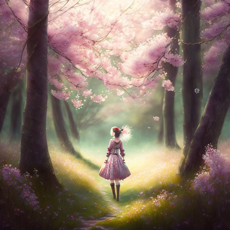 Vintage dress girl strolling in magical cherry blossom forest