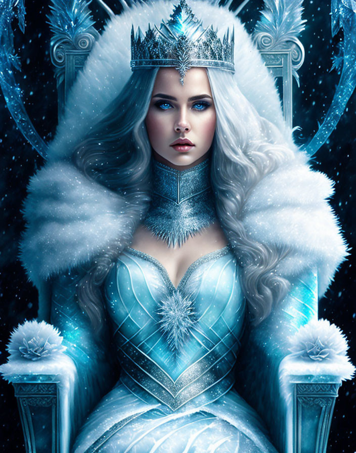 Pale-skinned fantasy figure in icy-blue gown and crystal crown against wintry backdrop