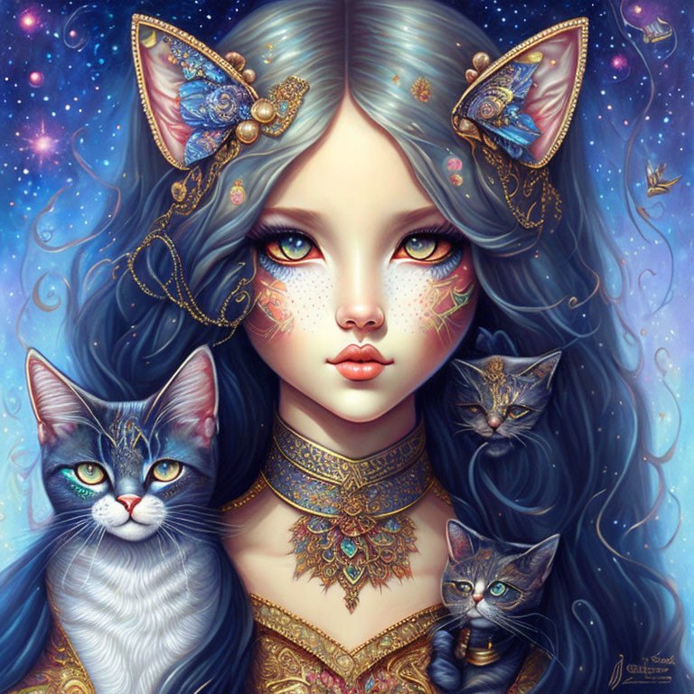 Fantasy illustration of woman with cat-like features and blue hair, accompanied by three cats on starry