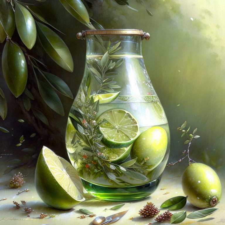 Glass jug with water, lime slices, olives, limes, and flowers on light background.