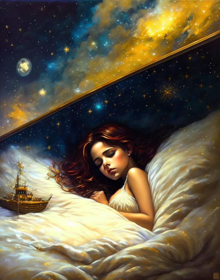 Young woman sleeping with dream-like ship scene on blanket.