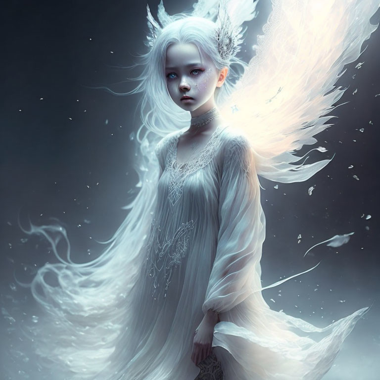 Pale-skinned girl with white hair, glowing aura, flowing dress, feathered wings.