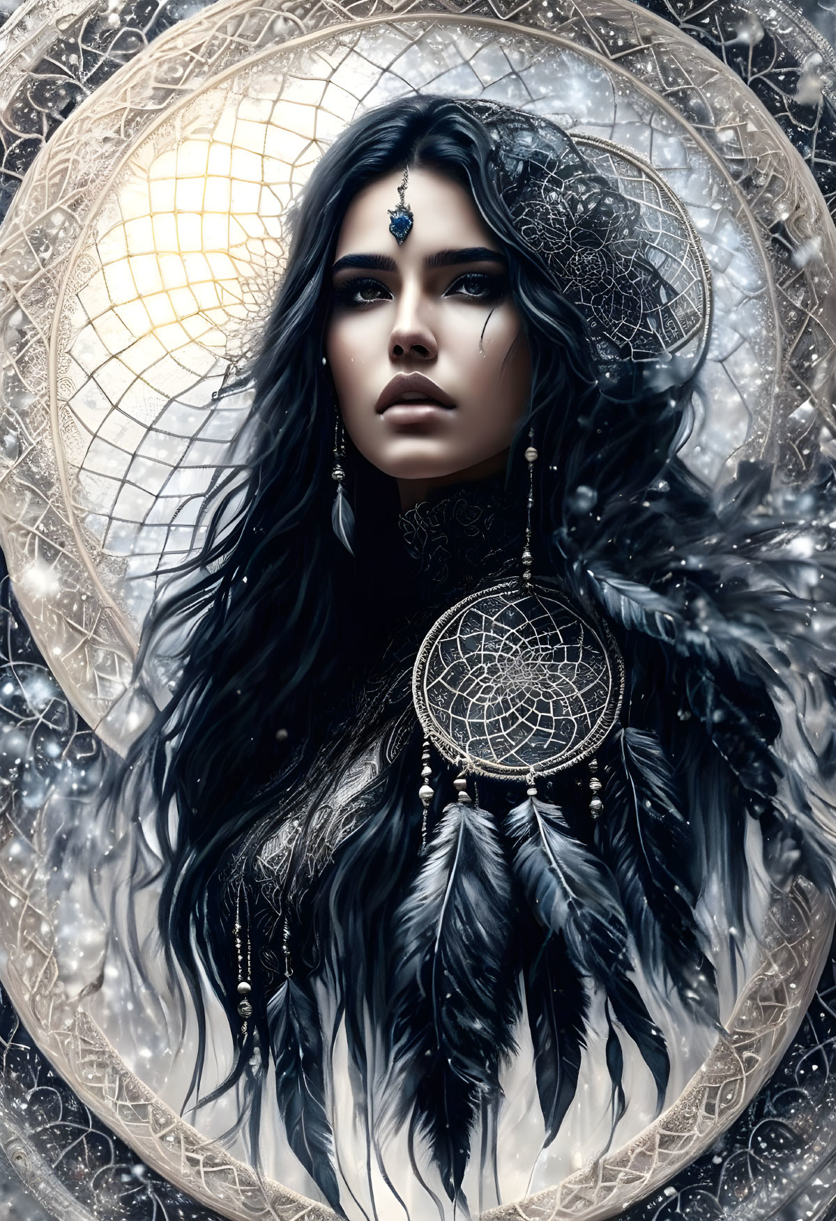 Woman with Dark Hair and Fair Skin in Circle with Dream Catcher and Feathers