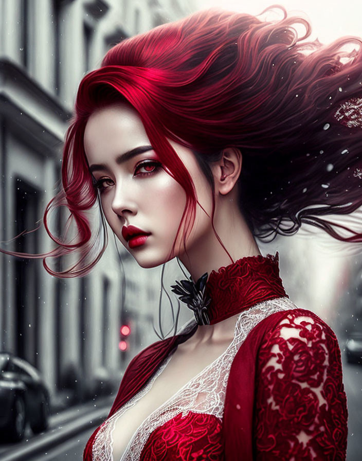 Digital artwork: Woman with red hair and makeup in lace dress, snowy urban backdrop