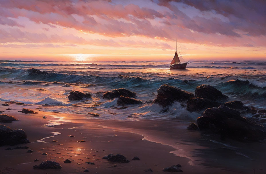 Tranquil sunset seascape with sailboat and vibrant orange skies