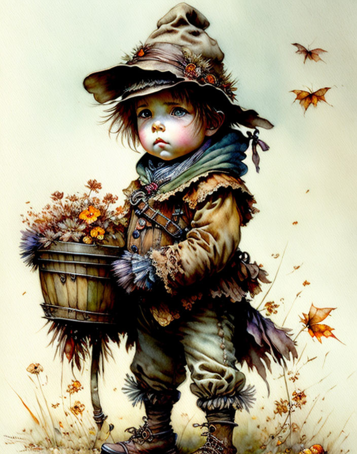 Young Child in Vintage Clothing with Basket of Flowers Surrounded by Falling Autumn Leaves