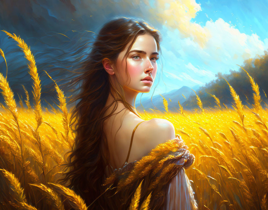 Woman standing in golden wheat field with flowing hair and serene sky