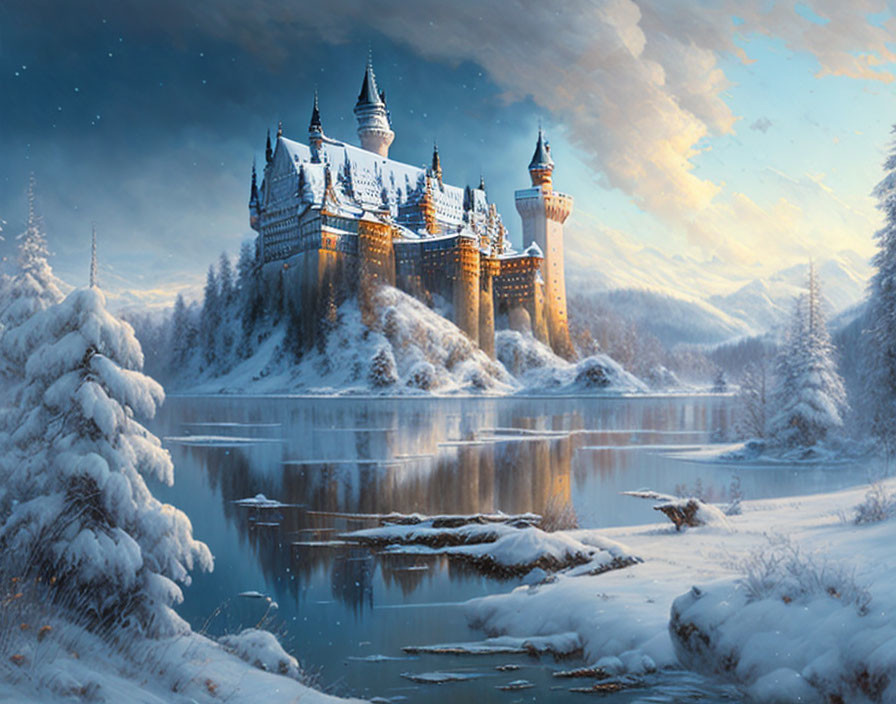 Majestic castle in winter landscape with frozen lake and frosty trees