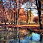 Enchanted forest with wooden cabin, autumn foliage, sunlight, and serene pond