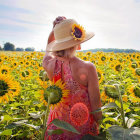 Woman in straw hat surrounded by sunflowers.