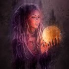 Violet-haired woman holding glowing orb in cosmic fantasy scene